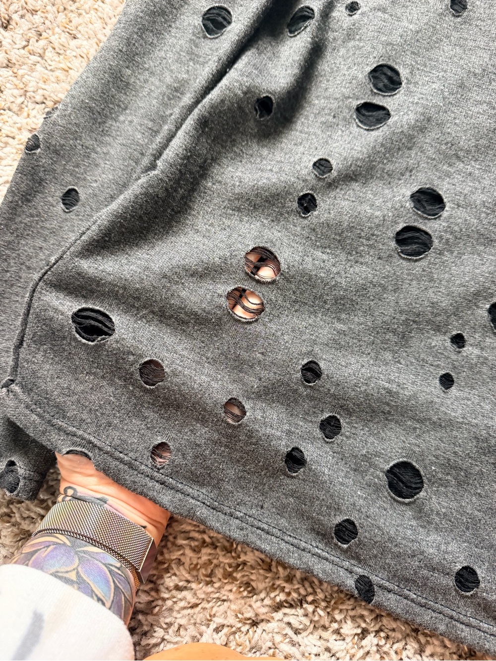 Women's Distressed Cold-Shoulder Hoodie Sweater - Gray - Picture 4 of 4